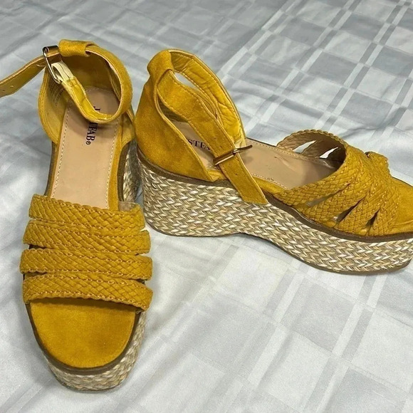 platform JustFab women sandals sz 6.5 yellow heel wedge espadrille,ankle strap - Picture 1 of 15